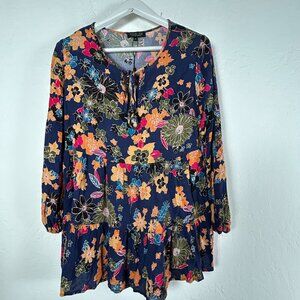 Rachel Zoe Womens Floral Navy Long Sleeve Tiered Tunic Top Medium Boho NWOT